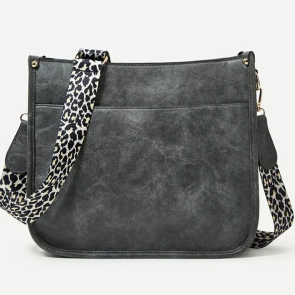 Gray Vegan Leather Messenger Tote Bag With Leopard Strap NWT